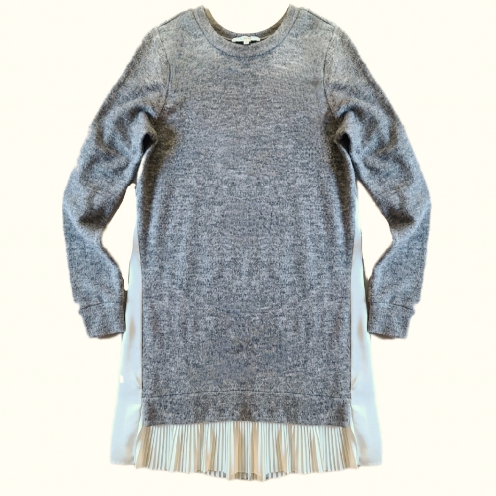 Clu Too Gray Sweater Dress Knit Silk Pleated Satin Jewel Neck Long Sleeve S